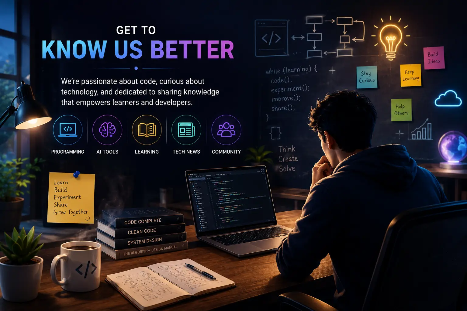 Get to Know Us Better illustration featuring programming, AI tools, learning, technology news, and developer community