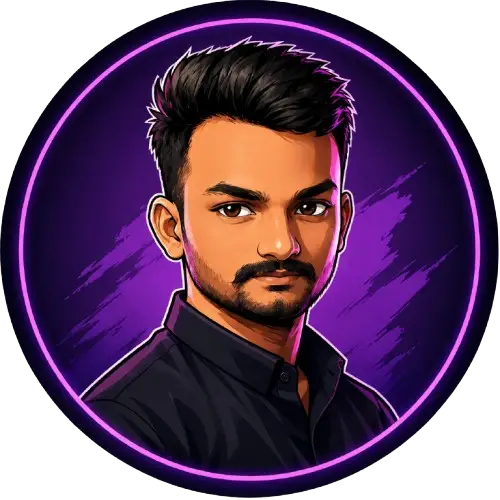 Anime-style developer avatar with purple neon background and coding-inspired design