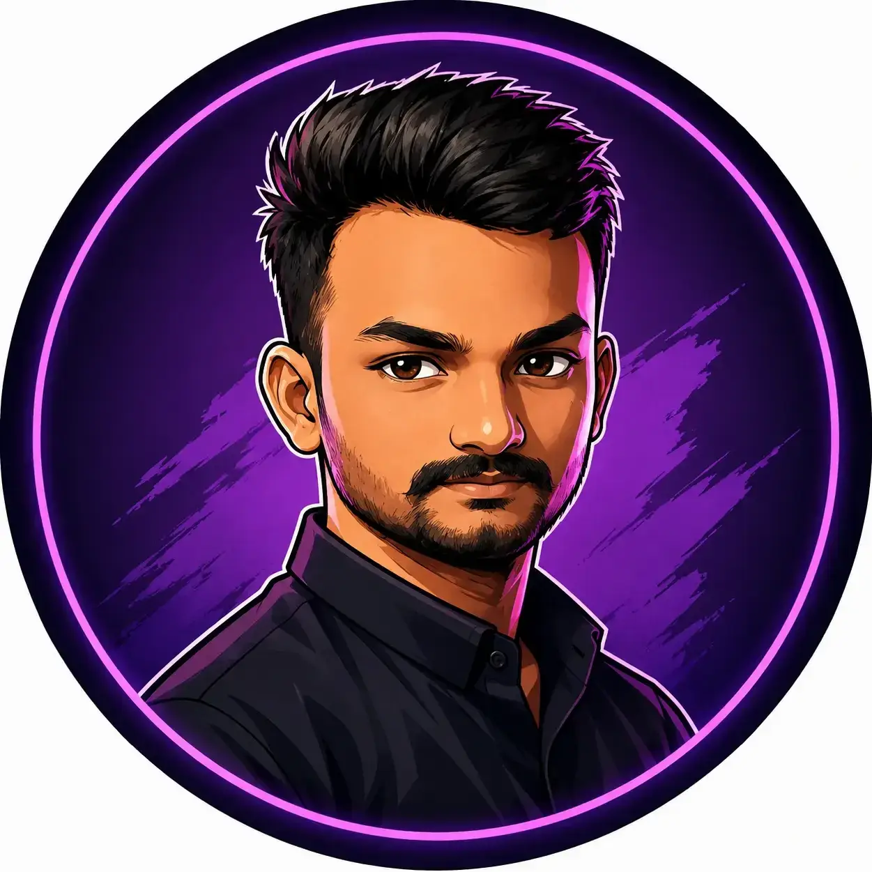 Anime-style developer avatar with purple neon background and coding-inspired design