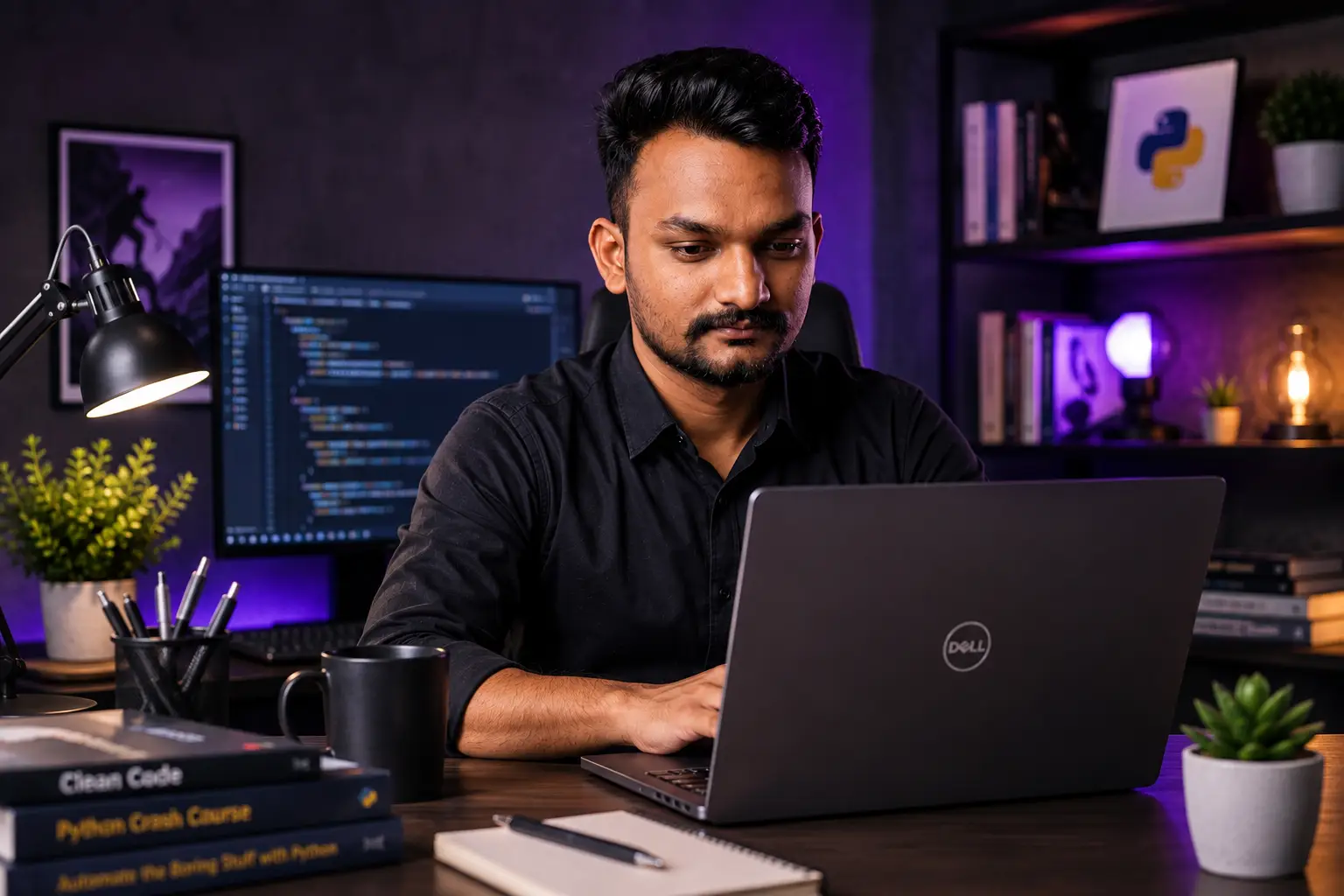 Satish Surwade working on a Dell laptop in a modern programming workspace