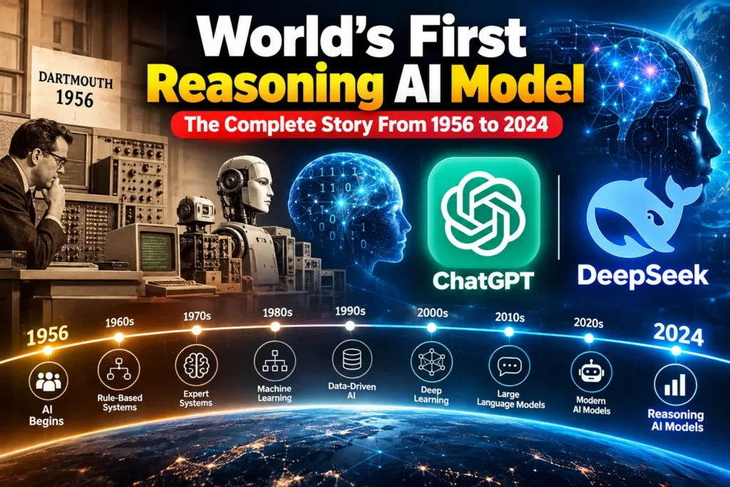 World’s first reasoning AI model timeline from 1956 to 2024 featuring ChatGPT and DeepSeek
