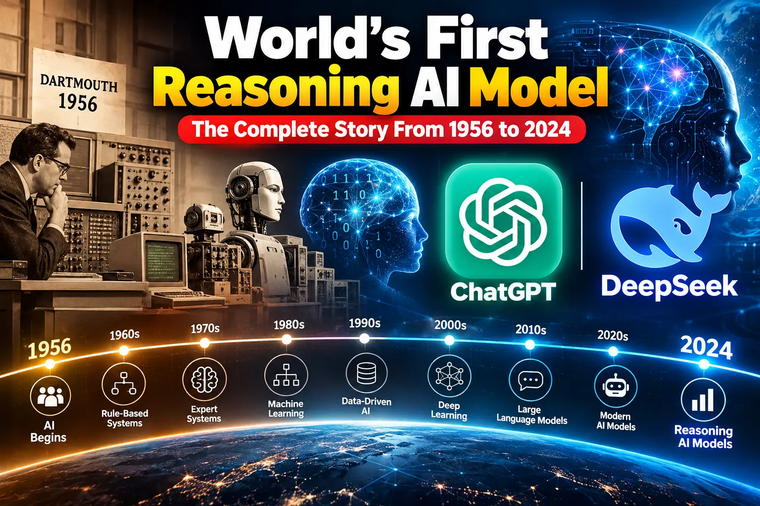 World’s first reasoning AI model timeline from 1956 to 2024 featuring ChatGPT and DeepSeek