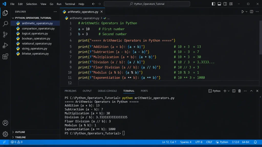Arithmetic operators in Python Write code on VS code.