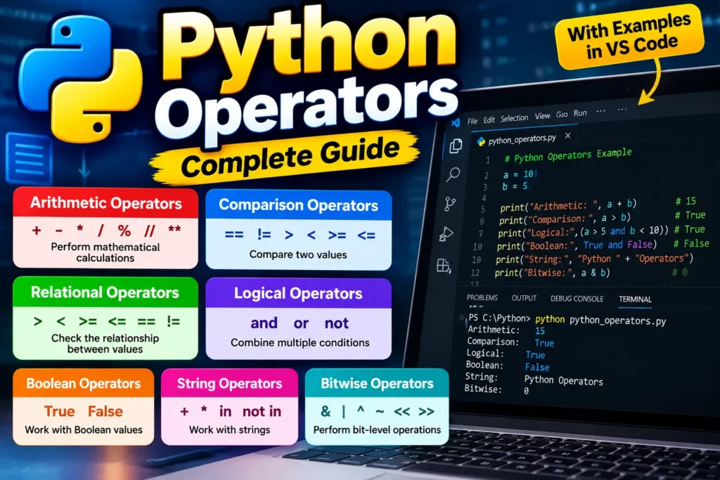 Python operators complete guide with examples in VS Code